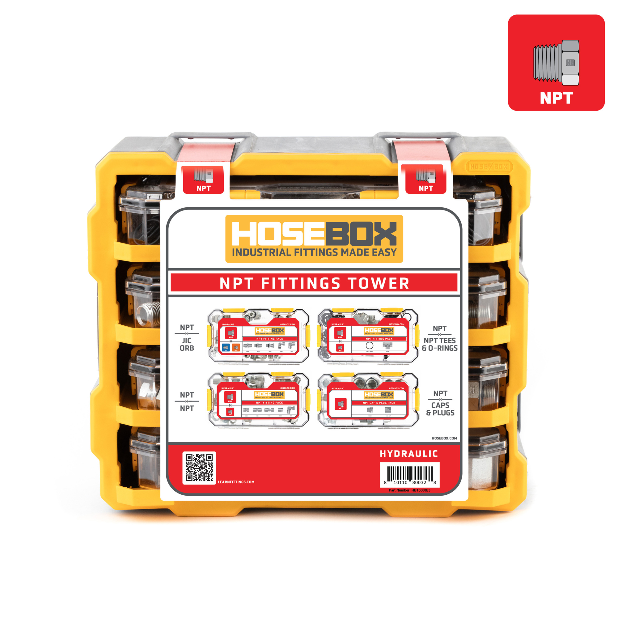 HoseBox, NPT Fitting Tower - 101 Adapters-150 O-rings, Fitting Size Other in, Model# HBT5600E3